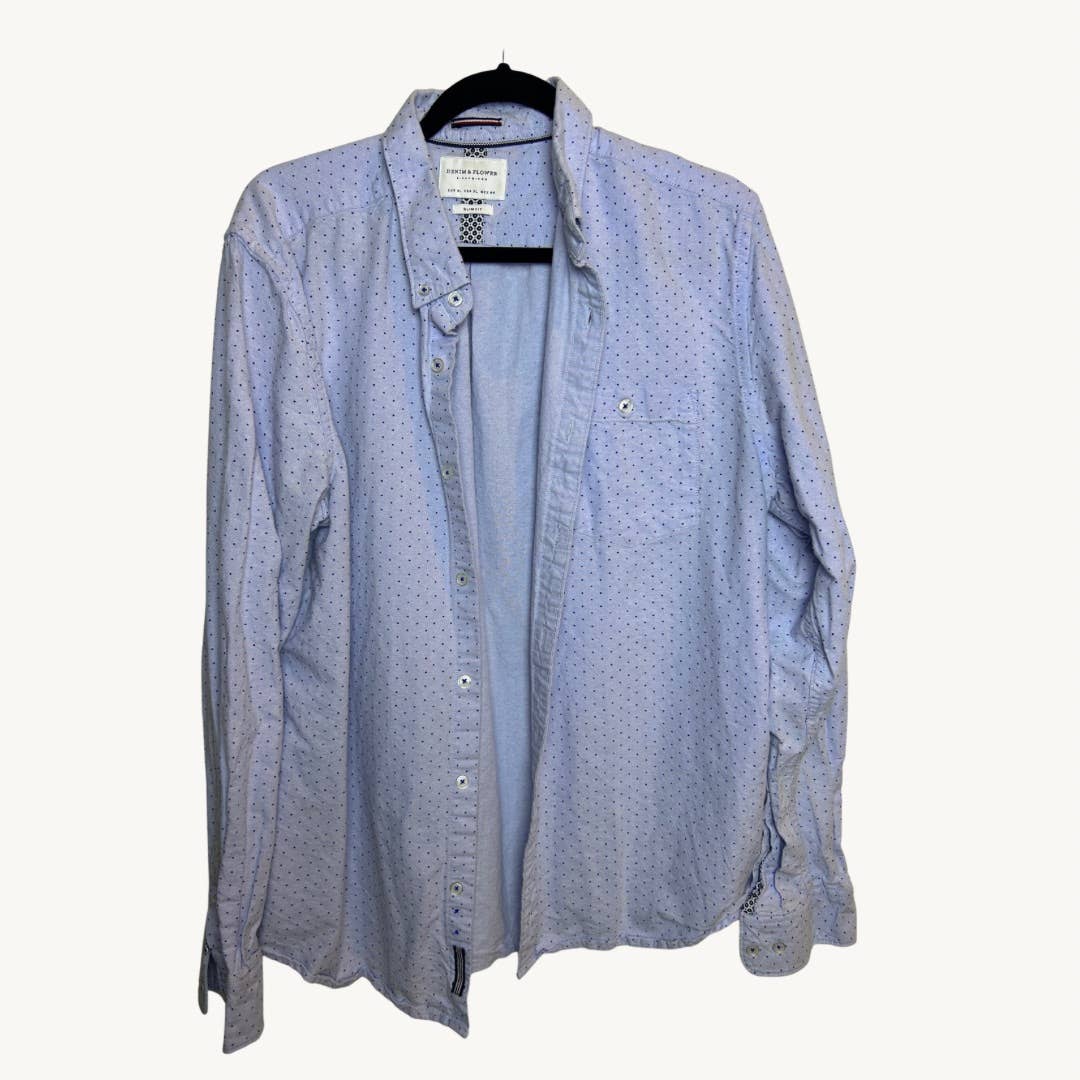 Denim & Flower Ricky Singn Mens Button Down Xl Blue Mini Dot Detail